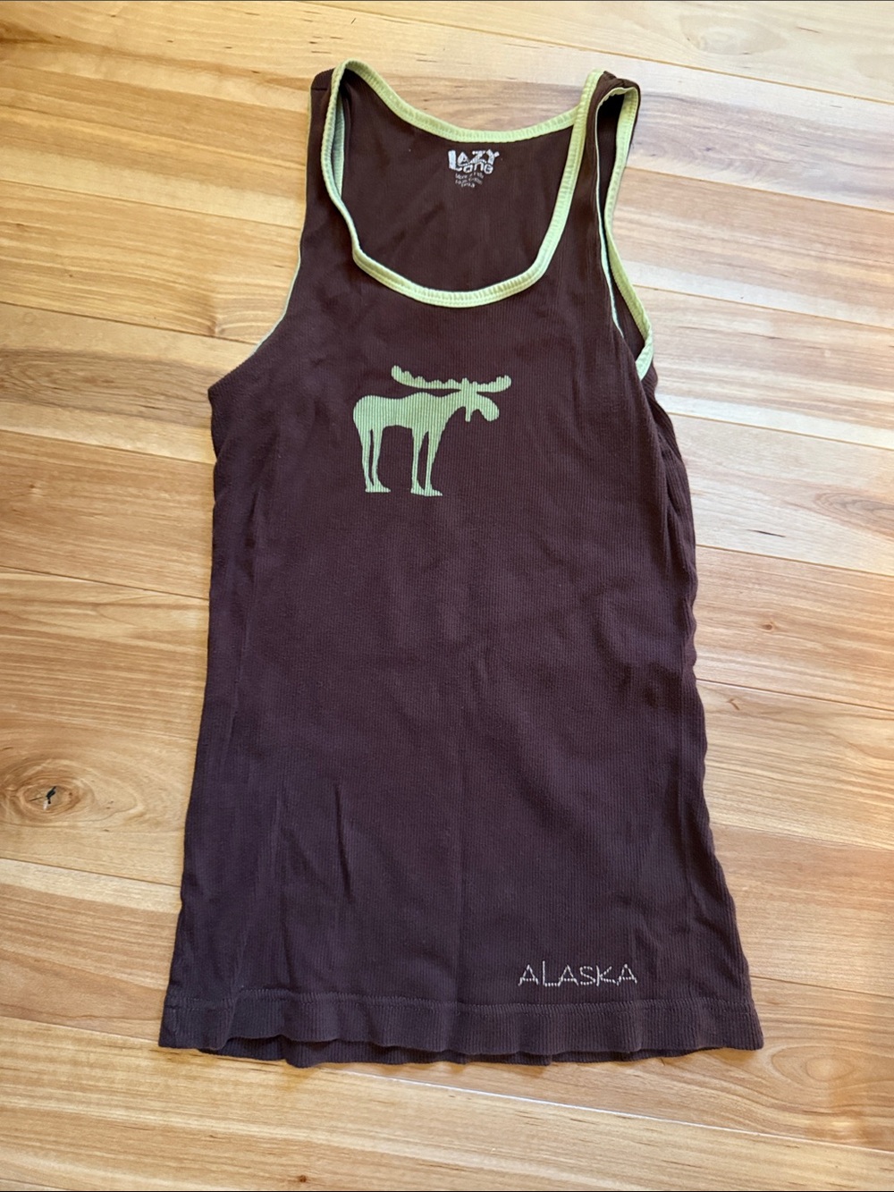 Alaska Moose Graphic Brown Tank Top with Green Trim